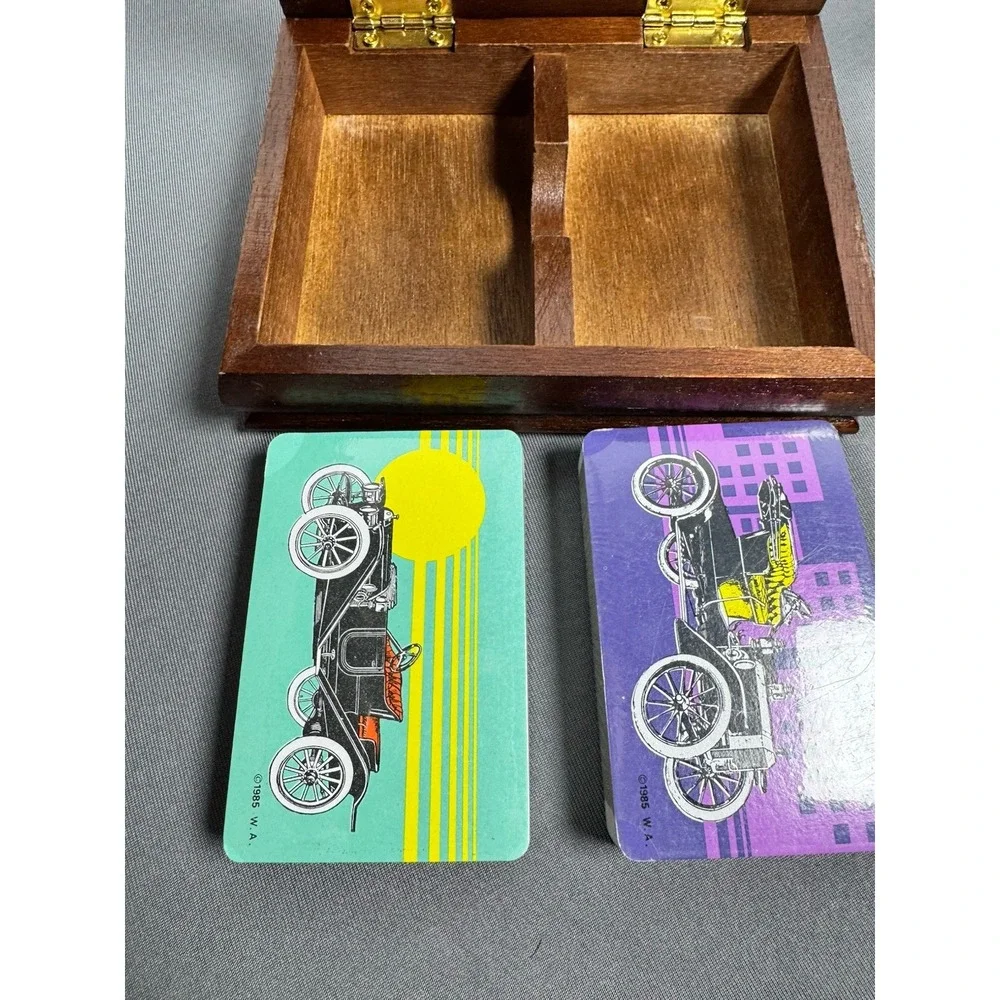 Vintage Playing Card Box, 1985 Antique Car‎ Wood Box with Metal  Model T Sealed